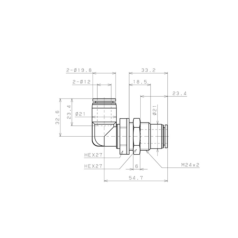 Bản vẽ kỹ thuật Đầu Nối Nhanh Khí Nén Cong 90° Ren Ngoài Lắp Kẹp Vách Pisco SPML12