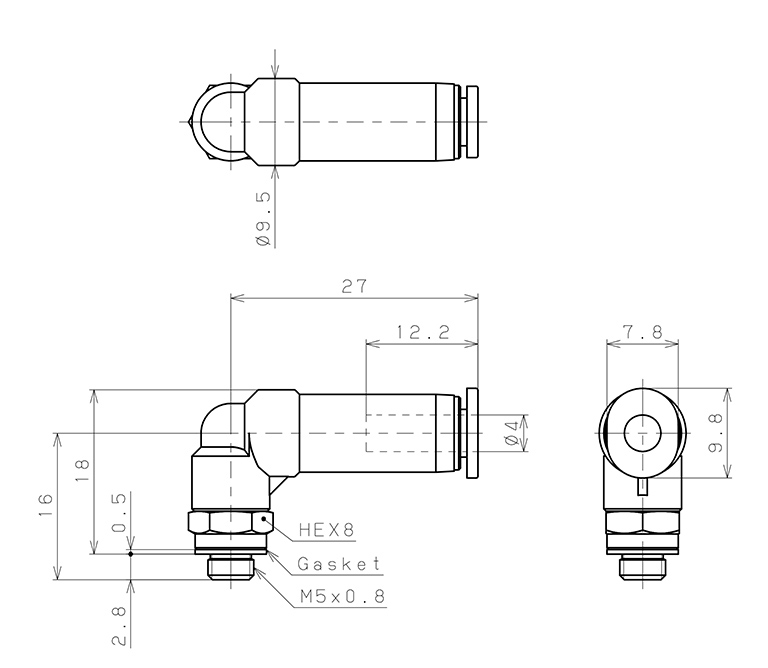 Bản vẽ kỹ thuật Đầu Nối Nhanh Khí Nén Dạng Cong 90° Ren Ngoài Có Van Tự Ngắt Pisco PSL4-M5M