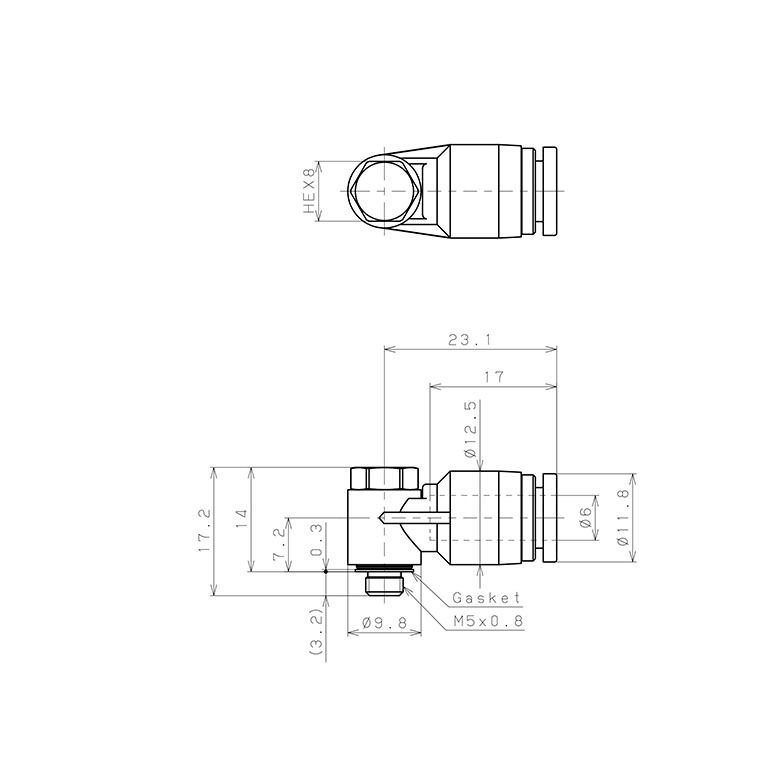 Bản vẽ kỹ thuật Đầu Nối Nhanh Khí Nén Cong 90° Đầu Lục Giác Trụ Ren Ngoài Pisco SPH6-M5-UC