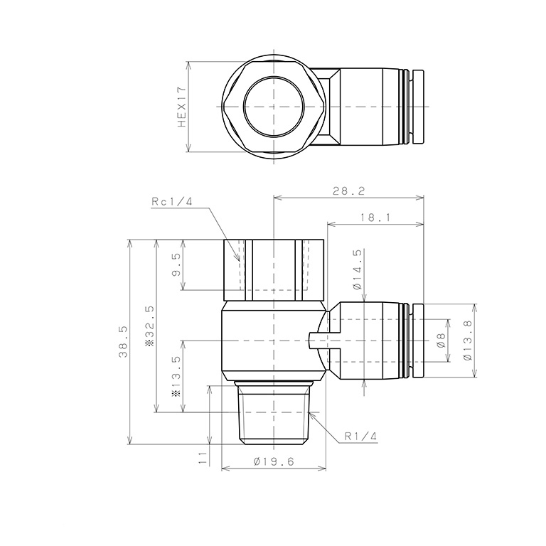 Bản vẽ kỹ thuật Đầu Nối Nhanh Khí Nén Cong 90° Đầu Lục Giác Trụ Ren Đực Cái Pisco PHF8-02W