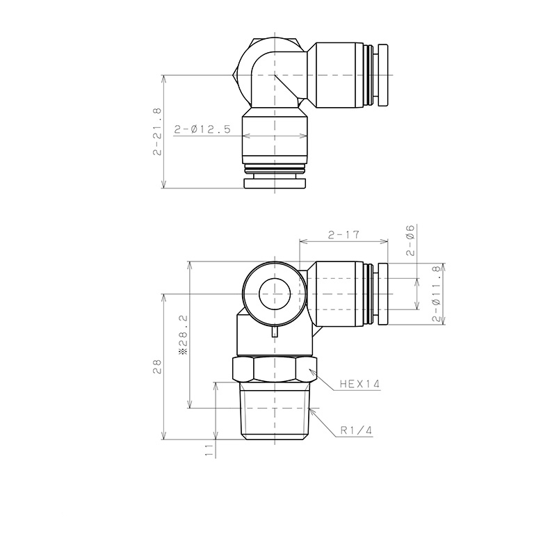 Bản vẽ kỹ thuật Đầu Nối Nhanh Khí Nén Hai Nhánh Chạc Ba Cong 90° Ren Ngoài Pisco PVX6-02-C