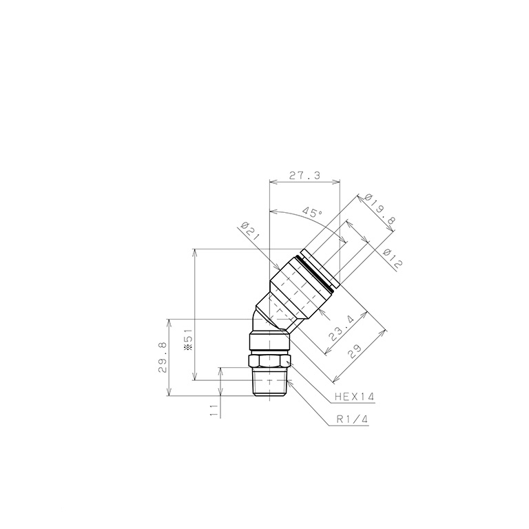 Bản vẽ kỹ thuật Đầu Nối Nhanh Khí Nén Dạng Cong 45° Ren Ngoài Pisco PLH12-02W-C