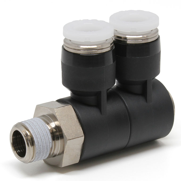 Đầu Nối Nhanh Khí Nén Hai Nhánh Cong 90° Thân Lục Giác Trụ Ren Ngoài Pisco PHW1/4-01