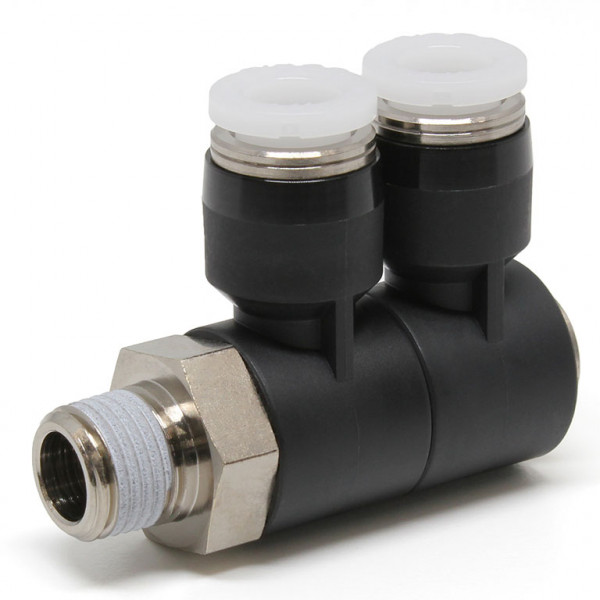 Đầu Nối Nhanh Khí Nén Hai Nhánh Cong 90° Thân Lục Giác Trụ Ren Ngoài Pisco PHW1/4-01