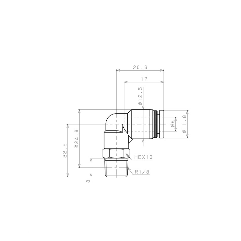 Bản vẽ kỹ thuật Đầu Nối Nhanh Khí Nén Dạng Cong 90° Ren Ngoài Pisco PL6-01W