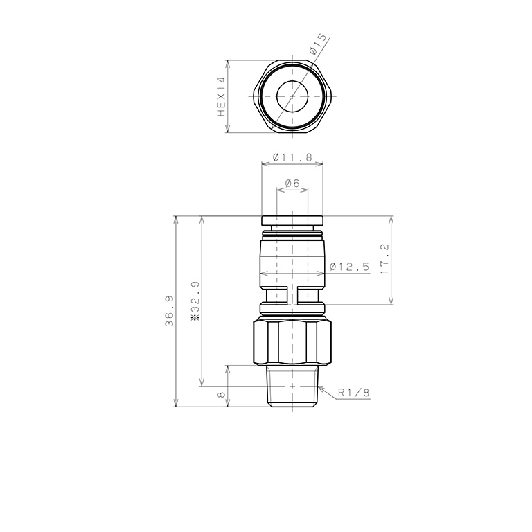 Bản vẽ kỹ thuật Đầu Nối Nhanh Khí Nén Dạng Thẳng Ren Ngoài Có Khớp Xoay Pisco RC6-01