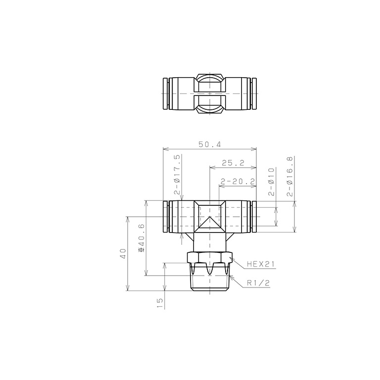 Bản vẽ kỹ thuật Đầu Nối Nhanh Khí Nén Dạng Chữ T Ren Ngoài Pisco SPB10-04