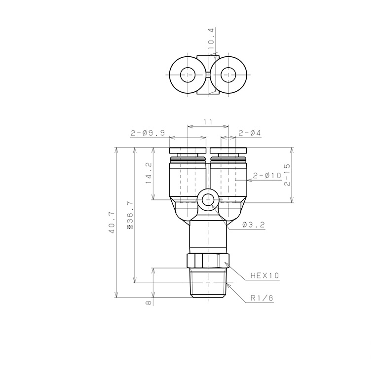 Bản vẽ kỹ thuật Đầu Nối Nhanh Khí Nén Dạng Chữ Y Ren Ngoài Pisco PPX4-01-UC