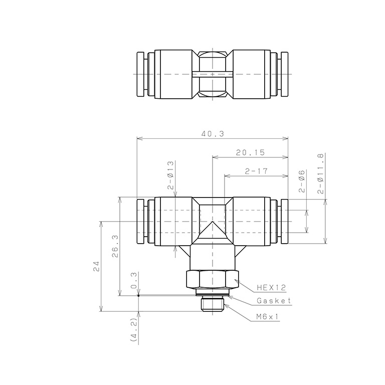 Bản vẽ kỹ thuật Đầu Nối Nhanh Khí Nén Dạng Chữ T Ren Ngoài Pisco SPB6-M6