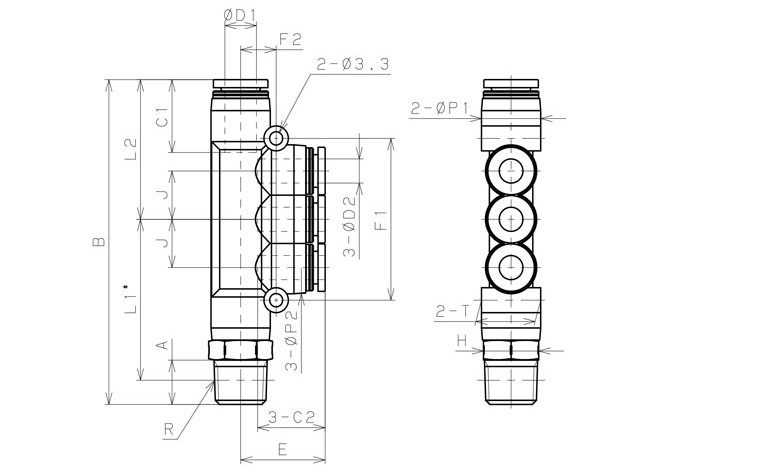 Bản vẽ kỹ thuật Đầu Nối Nhanh Khí Nén Dạng Chữ T Bốn Nhánh Ren Ngoài Pisco PKD8-4-02SUS