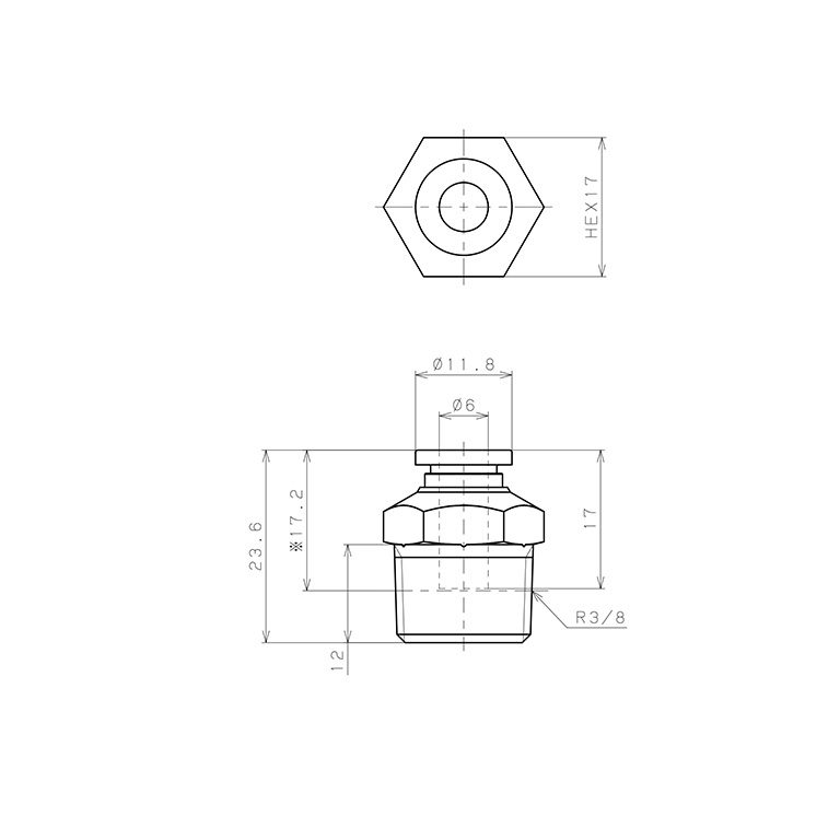 Bản vẽ kỹ thuật Đầu Nối Nhanh Khí Nén Dạng Thẳng Thân Lục Giác Ren Ngoài Pisco SPC6-03
