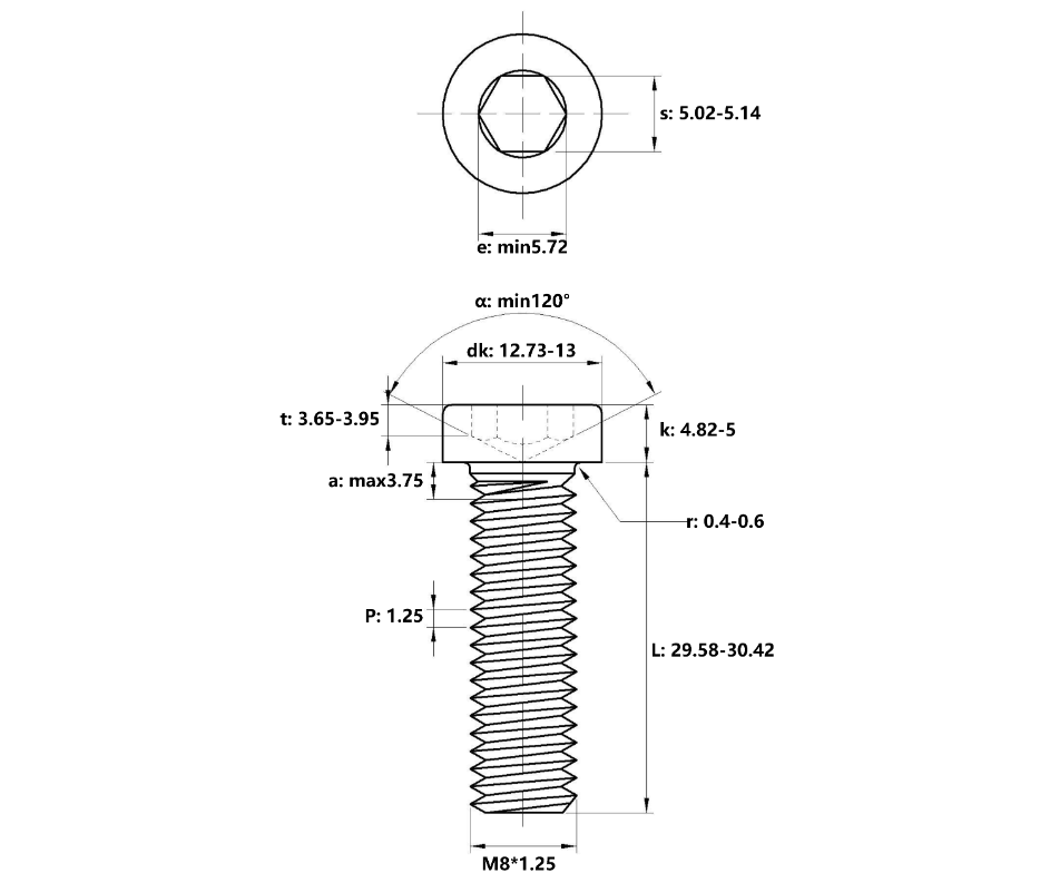 Bản vẽ kỹ thuật Lục Giác Trụ Đầu Thấp Thép Đen 12.9 DIN7984 M8x30