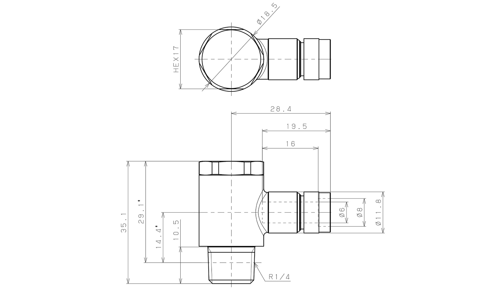 Bản vẽ kỹ thuật Đầu Nối Nhanh Khí Nén Cong 90° Đầu Lục Giác Trụ Ren Ngoài Pisco KH6-02-F