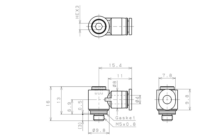 Bản vẽ kỹ thuật Đầu Nối Nhanh Khí Nén Dạng Cong 90° Đầu Lục Giác Chìm Ren Ngoài Pisco POL4-M5MW