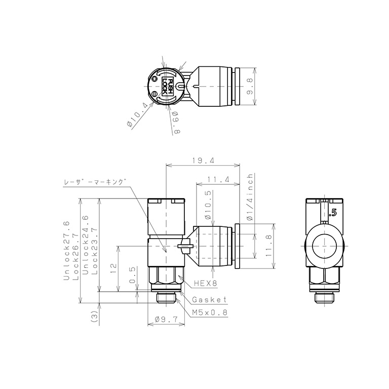Bản vẽ kỹ thuật Van Tiết Lưu Khí Nén Loại Khóa Đẩy Có Hiển Thị Chỉ Số Pisco JSGC1/4-M5BW