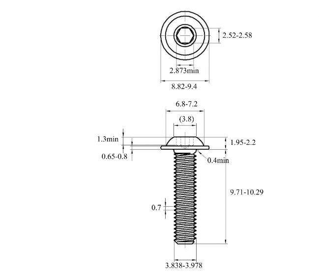 Bản vẽ kỹ thuật Lục Giác Chìm Mo Thép Mạ Kẽm Trắng Cr3+ 10.9 ISO7380-2 M4x10 (25Cái/Bịch)