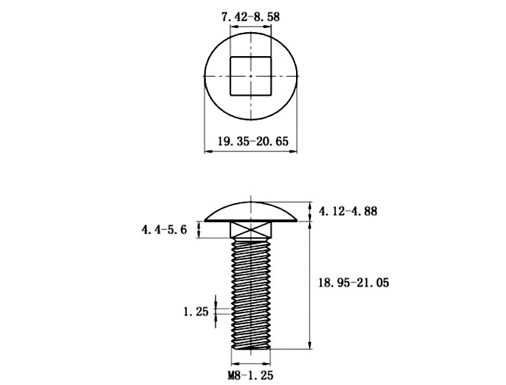 Bản vẽ kỹ thuật Bulong Cổ Vuông Thép Mạ Kẽm 4.8 DIN603 M8x20
