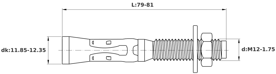 Bản vẽ kỹ thuật Tắc Kê Nở 3 Cánh Thép Mạ Kẽm M12x80