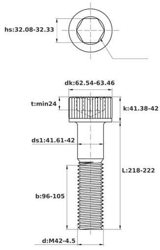 Bản vẽ kỹ thuật Lục Giác Chìm Đầu Trụ Thép Đen 12.9 DIN912 M42x220 Ren Lửng