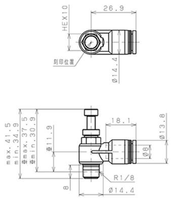 Bản vẽ kỹ thuật Van Tiết Lưu Khí Nén Cong 90° OD 8mm Ren Ngoài R1/8 Pisco JSC8-01A