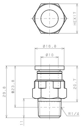 Bản vẽ kỹ thuật Đầu Nối Nhanh Khí Nén Dạng Thẳng Thân Lục Giác Ren Ngoài Pisco PC10-02