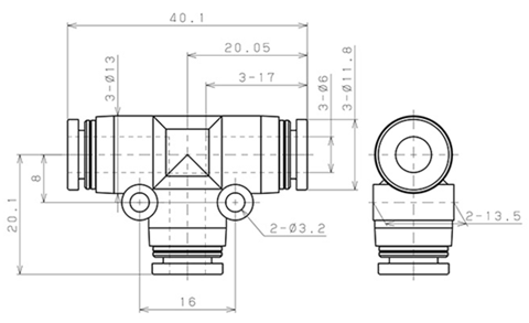 Bản vẽ kỹ thuật Đầu Nối Nhanh Khí Nén Chữ T Phi 6mm Pisco PE6