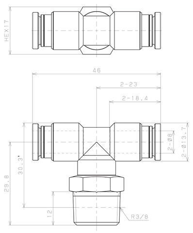 Bản vẽ kỹ thuật Đầu Nối Nhanh Khí Nén Dạng Chữ T Ren Ngoài Pisco KB8-03-1-F