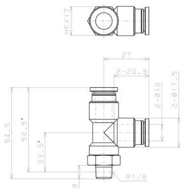 Bản vẽ kỹ thuật Đầu Nối Nhanh Khí Nén Dạng Chữ T Ren Ngoài Pisco KD10-01-1-F
