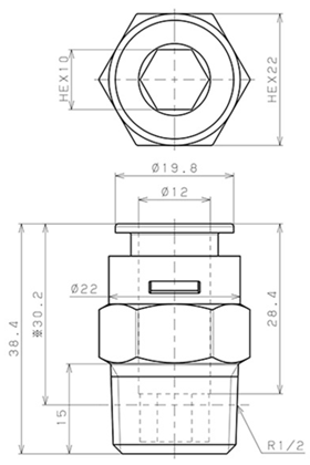Bản vẽ kỹ thuật Đầu Nối Nhanh Khí Nén Dạng Thẳng Thân Lục Giác Ren Ngoài Pisco APC12-04-E