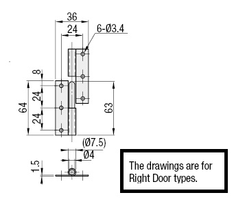 Bản vẽ kỹ thuật Bản Lề Tháo Rời Phải Inox 304 (HNS3R) L 64 mm