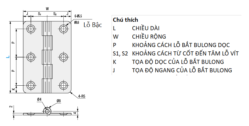 Bản vẽ kỹ thuật Bản Lề Lá Inox 304 (C-SHHPSD75) L 75 mm