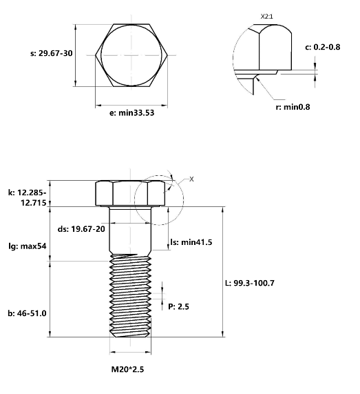 Bản vẽ kỹ thuật Bulong Nhúng Nóng 8.8 DIN931 M20x100 Ren Lửng