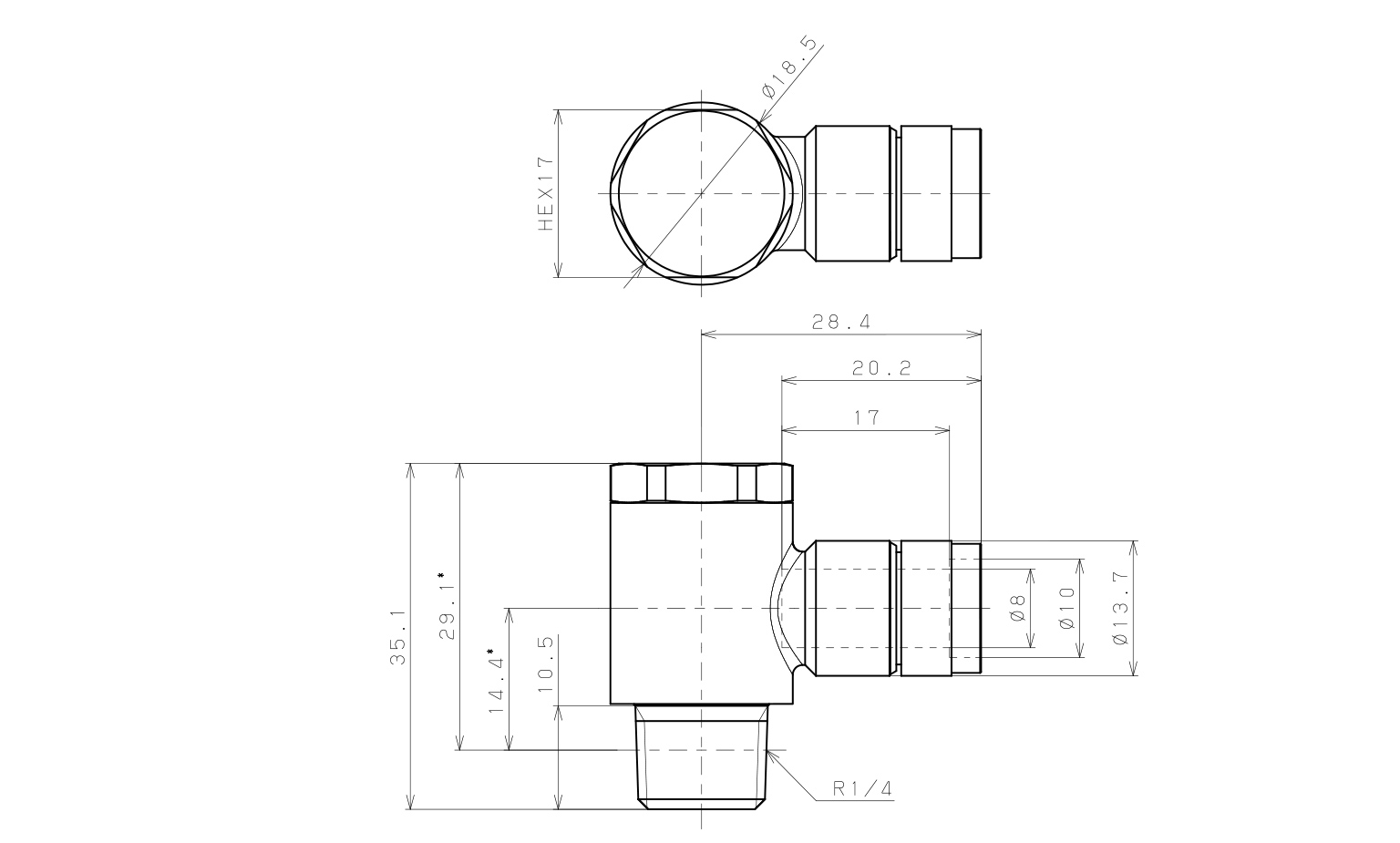 Bản vẽ kỹ thuật Đầu Nối Nhanh Khí Nén Cong 90° Đầu Lục Giác Trụ Ren Ngoài Pisco KH8-02-F