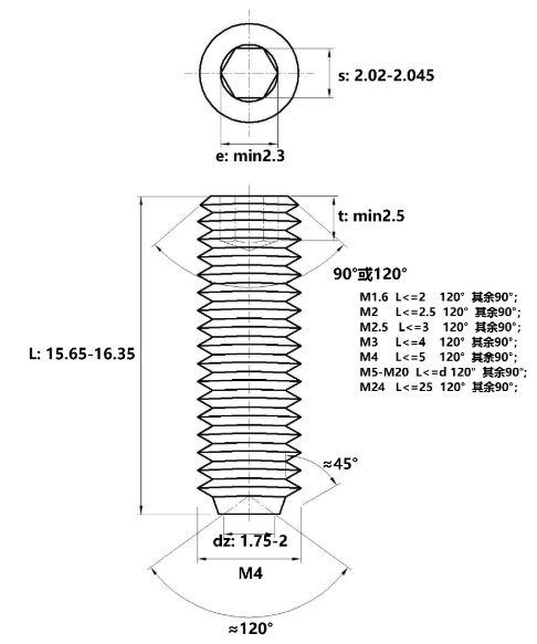 Bản vẽ kỹ thuật Vít Trí Đuôi Lõm Thép Đen 10.9 DIN916 M4x16