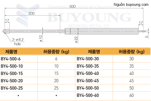 Bản vẽ kỹ thuật Ty hơi thép Buyoung 500-50KG BY4-500-50KG