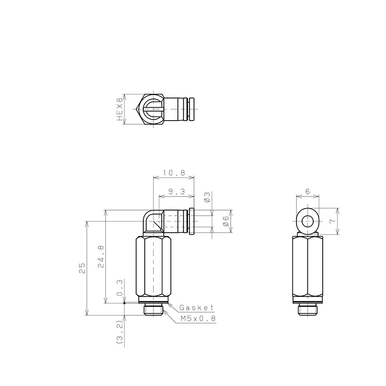 Bản vẽ kỹ thuật Đầu Nối Nhanh Khí Nén Dạng Cong 90° Ren Ngoài (Dài) Pisco PLL3-M5M-C