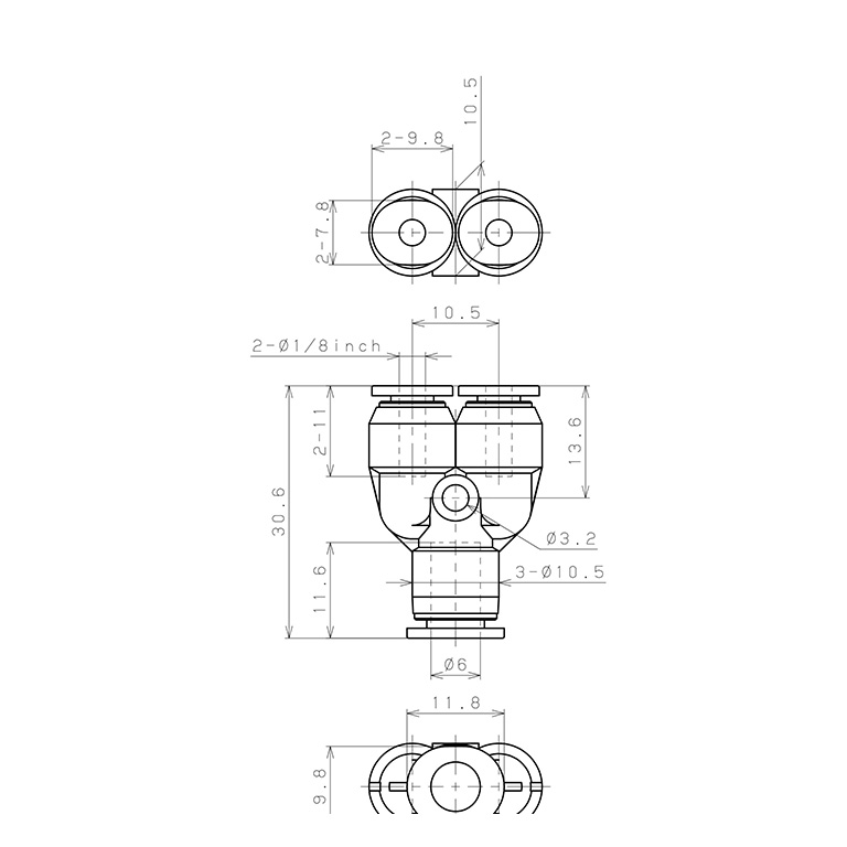 Bản vẽ kỹ thuật Đầu Nối Nhanh Khí Nén Chữ Y Dạng Nối Giảm Pisco PW6-1/8M
