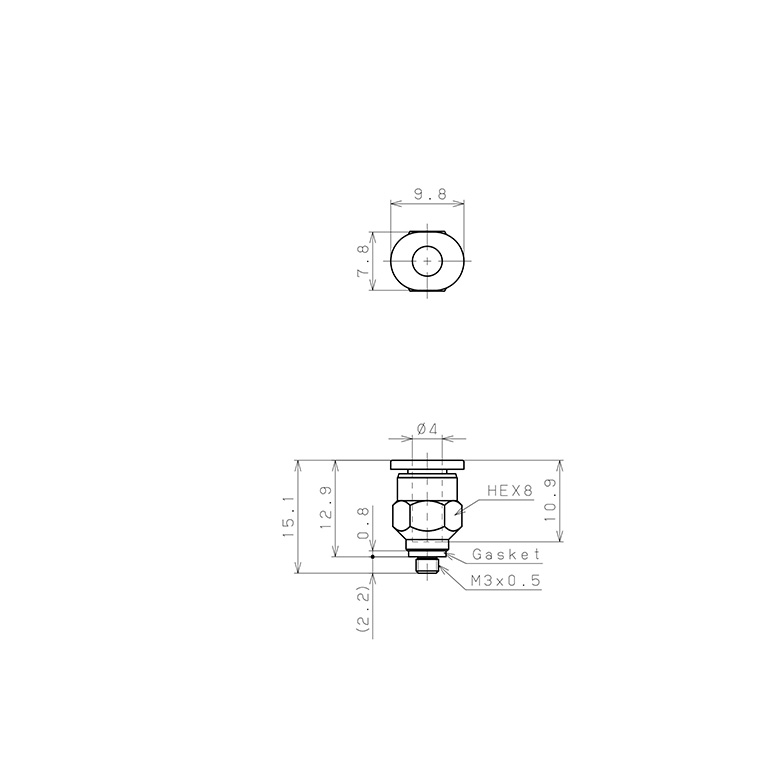 Bản vẽ kỹ thuật Đầu Nối Nhanh Khí Nén Dạng Thẳng Thân Lục Giác Ren Ngoài Pisco PC4-M3M-C