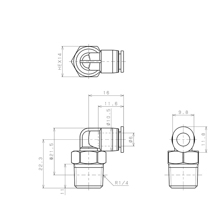 Bản vẽ kỹ thuật Đầu Nối Nhanh Khí Nén Dạng Cong 90° Ren Ngoài Pisco PL6-02MW