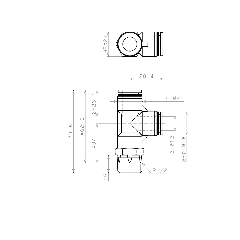 Bản vẽ kỹ thuật Đầu Nối Nhanh Khí Nén Dạng Chữ T Ren Ngoài Pisco PPD12-04SUS-TP-C