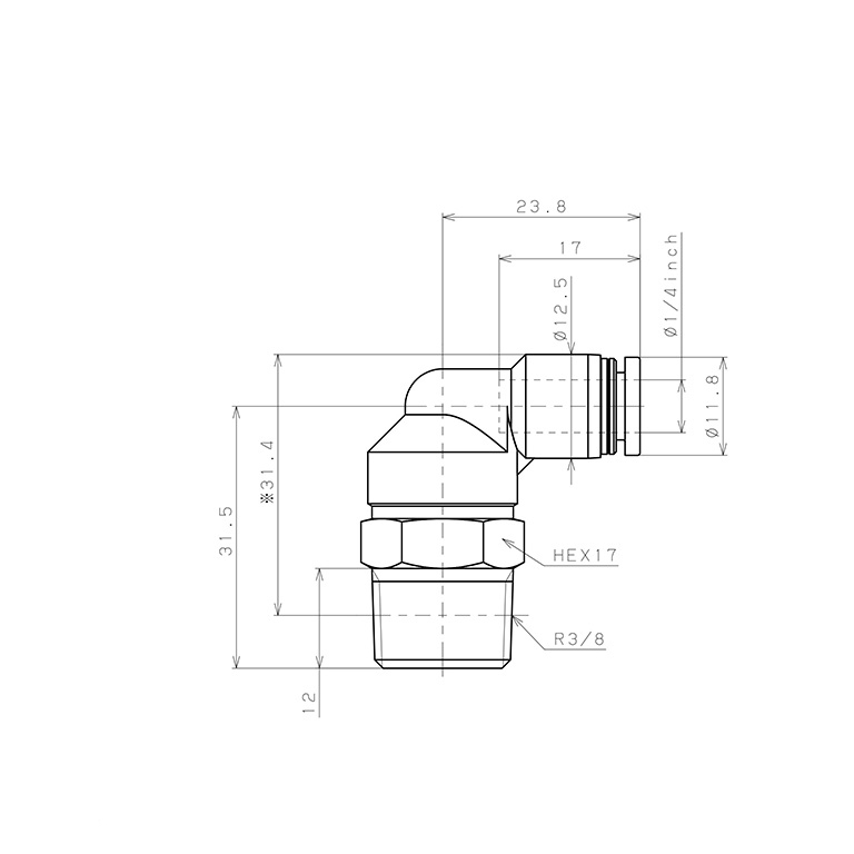 Bản vẽ kỹ thuật Đầu Nối Nhanh Khí Nén Dạng Cong 90° Ren Ngoài Pisco PL1/4-03-C