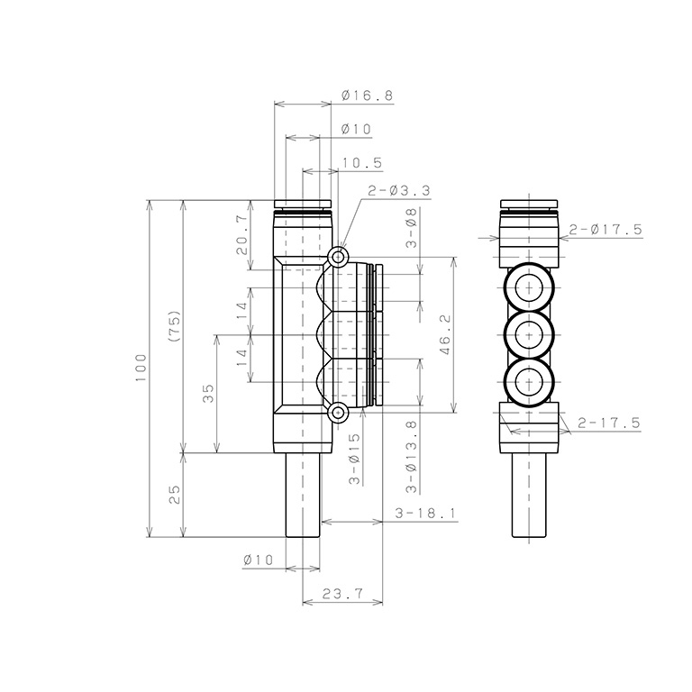 Bản vẽ kỹ thuật Đầu Nối Nhanh Khí Nén Giữa Ống Khí Và Fitting Bốn Nhánh Dạng Chữ T Pisco PKJ10-8W