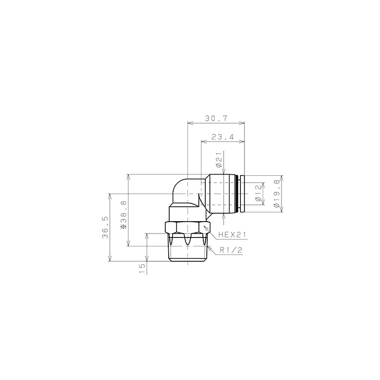 Bản vẽ kỹ thuật Đầu Nối Nhanh Khí Nén Dạng Cong 90° Ren Ngoài Pisco PL12-04W