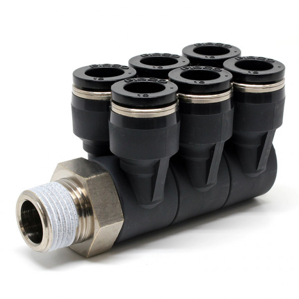 Đầu Nối Nhanh Khí Nén Sáu Nhánh Cong 90° Thân Lục Giác Trụ Ren Ngoài Pisco PAT10-03-C