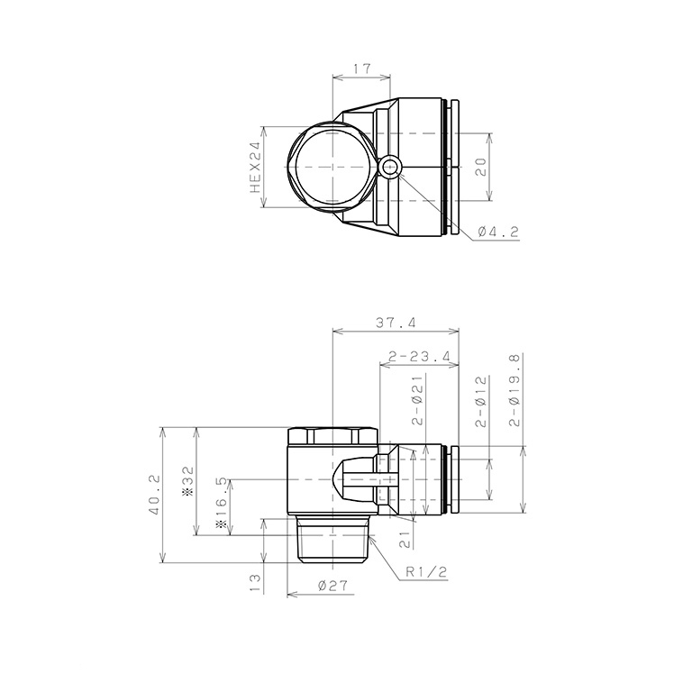 Bản vẽ kỹ thuật Đầu Nối Nhanh Khí Nén Hai Nhánh Cong 90° Đầu Lục Giác Trụ Ren Ngoài Pisco PA12-04W