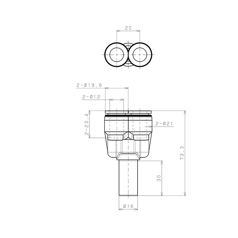 Bản vẽ kỹ thuật Đầu Nối Nhanh Khí Nén Giữa Ống Khí Và Fitting Dạng Nối Giảm Chữ Y Pisco PWJ16-12-C