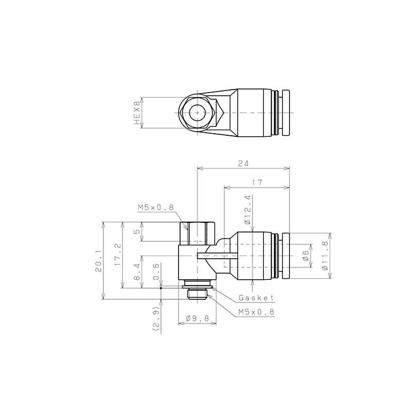 Bản vẽ kỹ thuật Đầu Nối Nhanh Khí Nén Cong 90° Đầu Lục Giác Trụ Ren Đực Cái Pisco PHF6-M5W