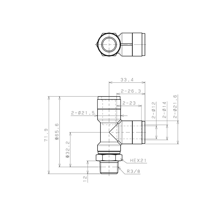 Bản vẽ kỹ thuật Đầu Nối Nhanh Khí Nén Dạng Chữ T Ren Ngoài Pisco KD12-03