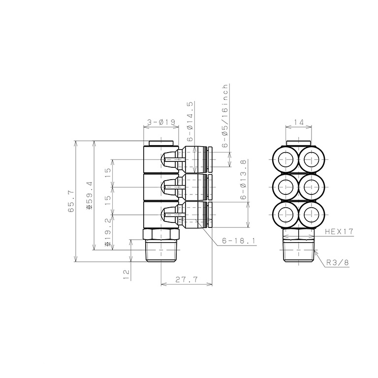 Bản vẽ kỹ thuật Đầu Nối Nhanh Khí Nén Sáu Nhánh Cong 90° Thân Lục Giác Trụ Ren Ngoài Pisco PAT5/16-03