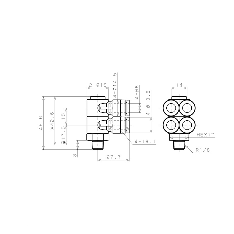 Bản vẽ kỹ thuật Đầu Nối Nhanh Khí Nén Bốn Nhánh Cong 90° Thân Lục Giác Trụ Ren Ngoài Pisco PAW8-01